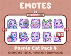 Purple Cat Twitch emote pack featuring 10 emotes including cozy, sus, panic, and shrug.