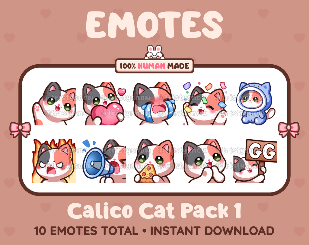 Calico Cat Twitch emote pack featuring 10 emotes including GG, angry, cry, and hype.