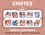 Calico Cat Twitch emote pack featuring 10 emotes including GG, angry, cry, and hype.