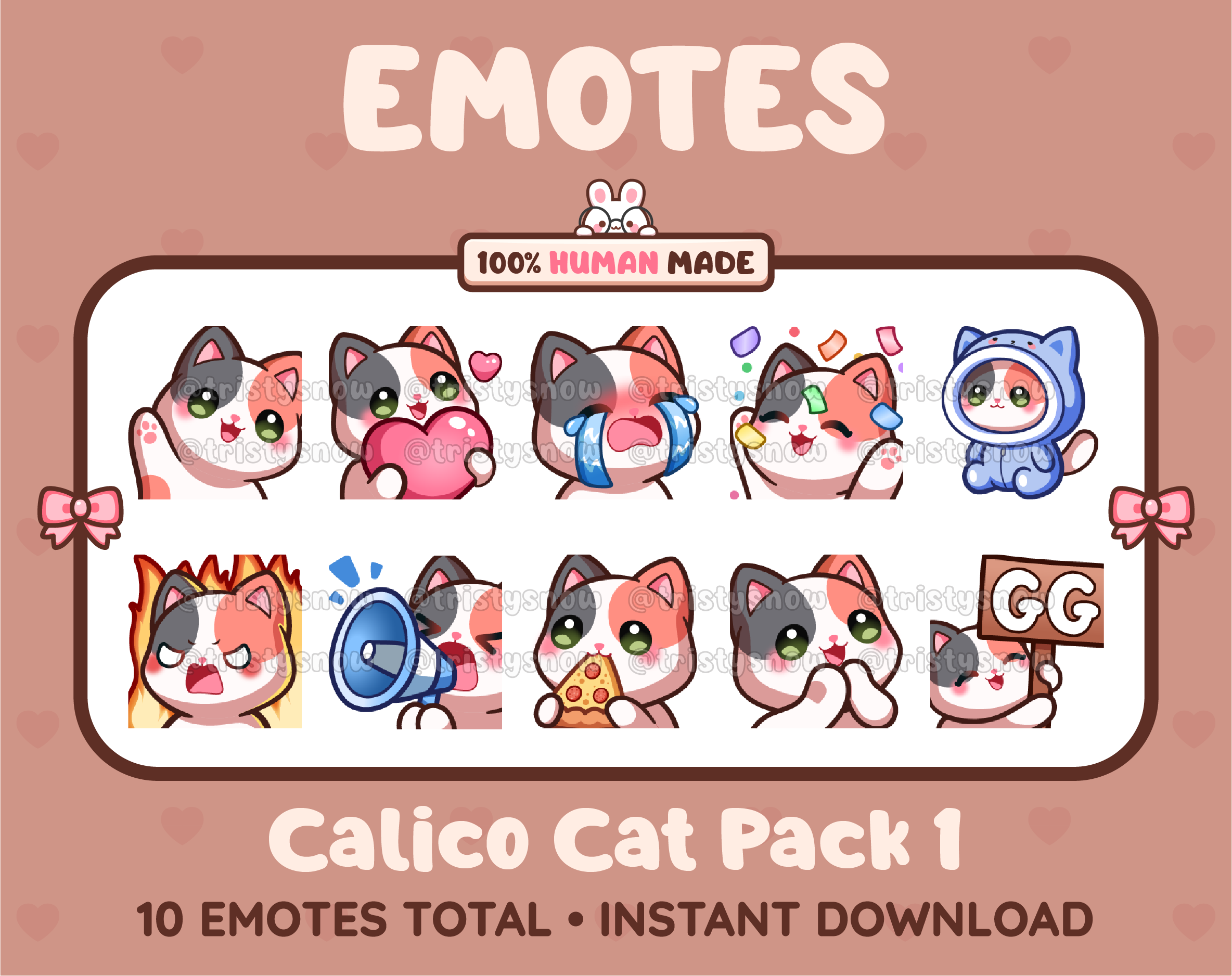 Calico Cat Twitch emote pack featuring 10 emotes including GG, angry, cry, and hype.