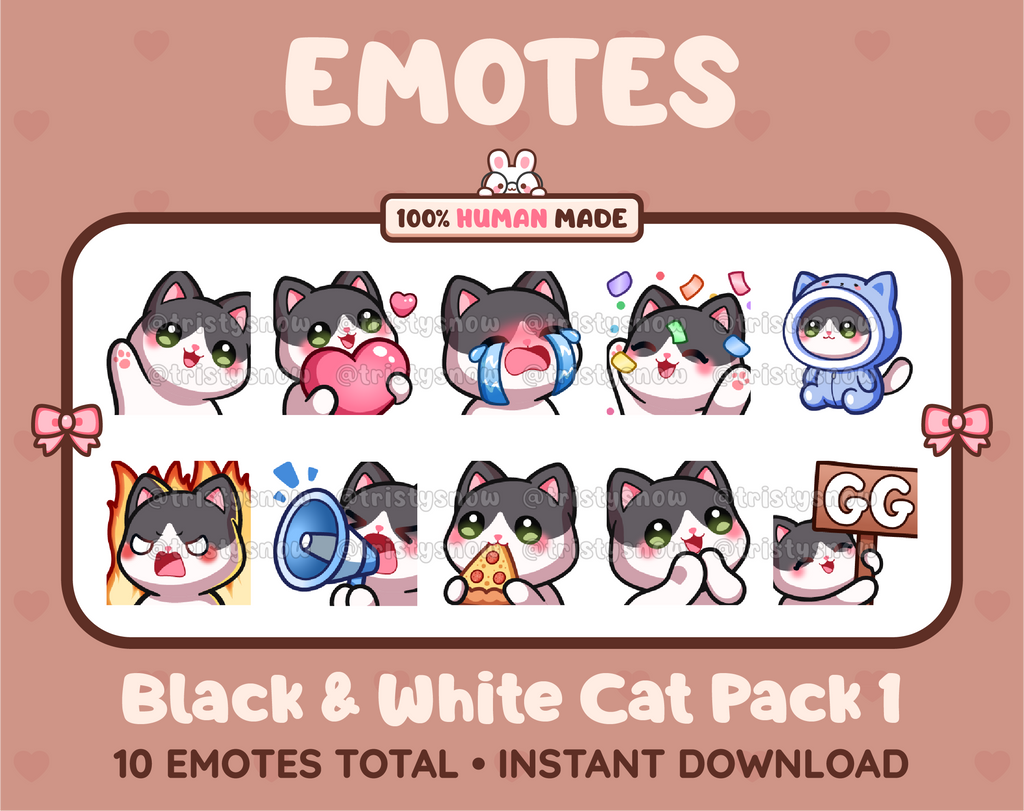 Black & White Cat Twitch emote pack featuring 10 emotes including GG, angry, cry, and hype.
