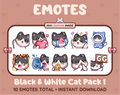 Black & White Cat Twitch emote pack featuring 10 emotes including GG, angry, cry, and hype.