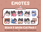 Black & White Cat Twitch emote pack featuring 10 emotes including GG, angry, cry, and hype.