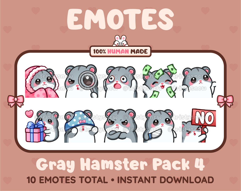 Gray Hamster Twitch emote pack featuring 10 emotes including cozy, sus, panic, and shrug.