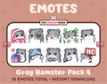 Gray Hamster Twitch emote pack featuring 10 emotes including cozy, sus, panic, and shrug.
