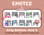 Gray Hamster Twitch emote pack featuring 10 emotes including cozy, sus, panic, and shrug.