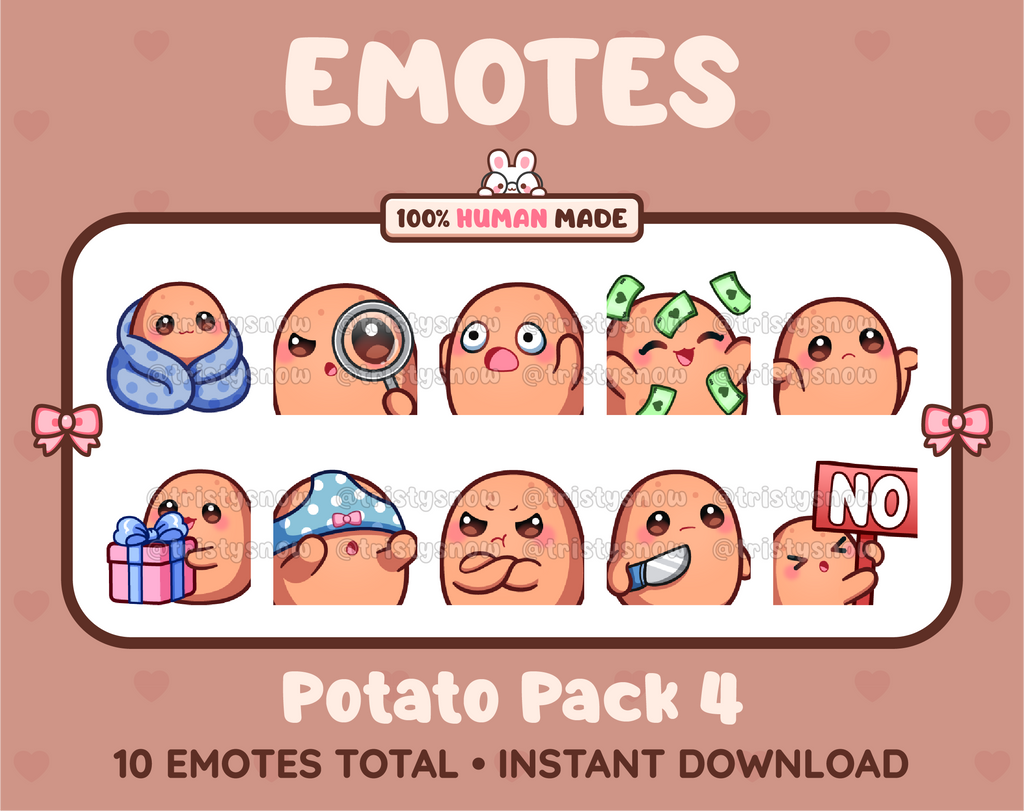 Potato Twitch emote pack featuring 10 emotes including cozy, sus, panic, and shrug.