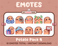 Potato Twitch emote pack featuring 10 emotes including cozy, sus, panic, and shrug.