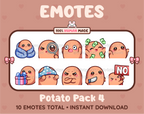 Potato Twitch emote pack featuring 10 emotes including cozy, sus, panic, and shrug.
