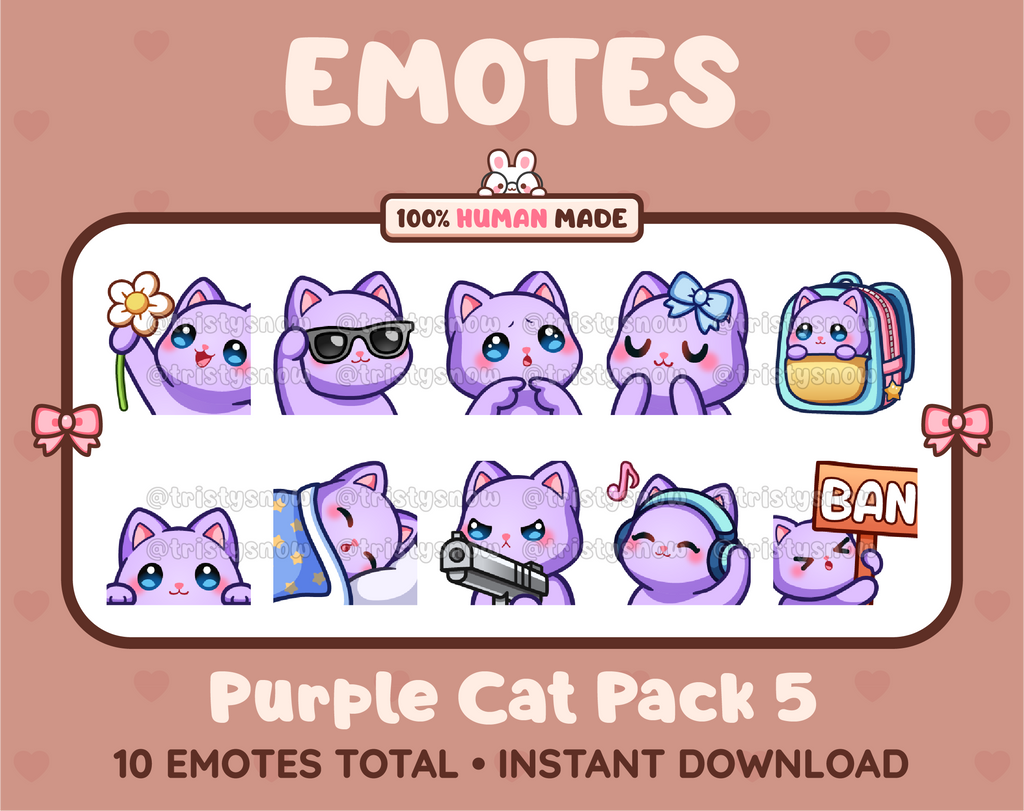 Purple Cat Twitch emote pack featuring 10 emotes including flower, cool, plead, and lurk.