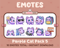 Purple Cat Twitch emote pack featuring 10 emotes including flower, cool, plead, and lurk.