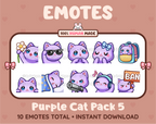 Purple Cat Twitch emote pack featuring 10 emotes including flower, cool, plead, and lurk.