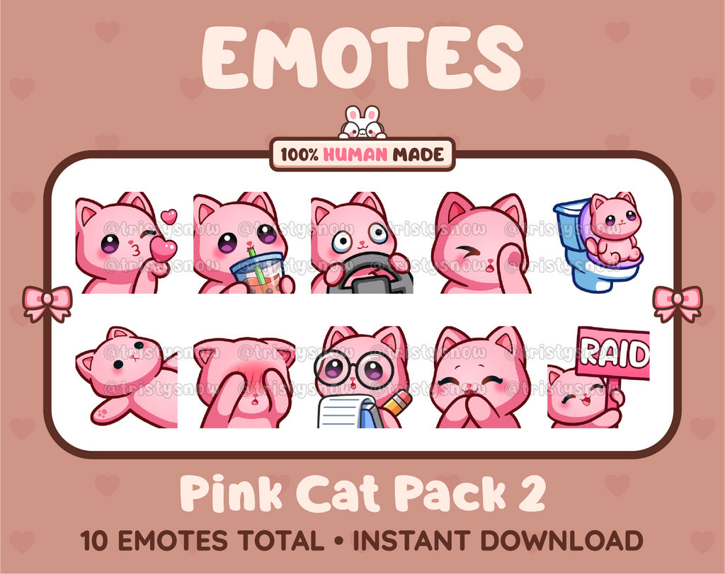 Pink Cat Twitch emote pack featuring 10 emotes including kiss, facepalm, shy, and raid.