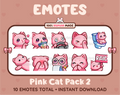 Pink Cat Twitch emote pack featuring 10 emotes including kiss, facepalm, shy, and raid.