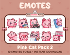 Pink Cat Twitch emote pack featuring 10 emotes including kiss, facepalm, shy, and raid.