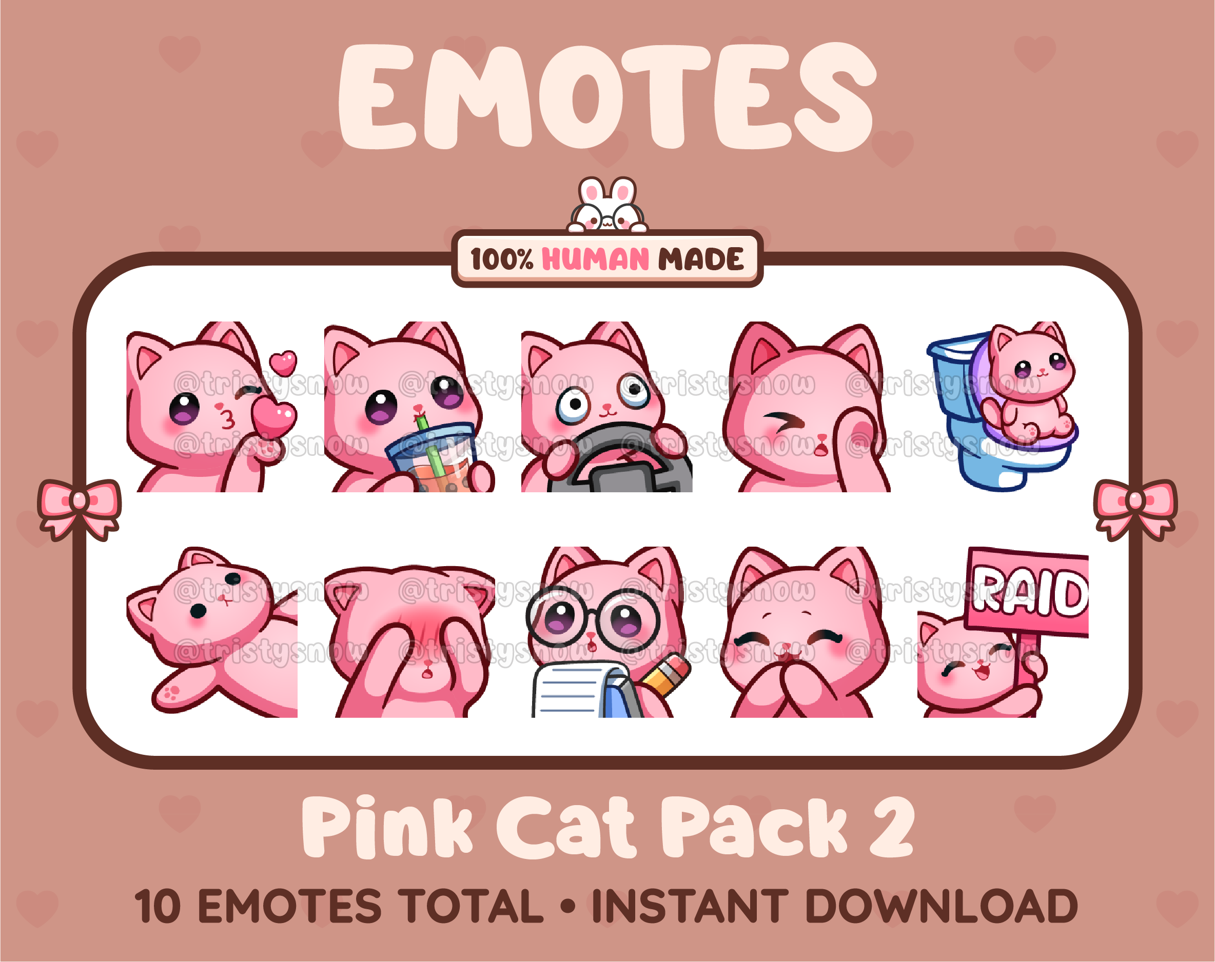 Pink Cat Twitch emote pack featuring 10 emotes including kiss, facepalm, shy, and raid.