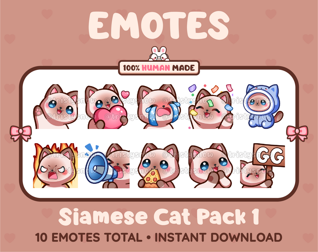 Siamese Cat Twitch emote pack featuring 10 emotes including GG, angry, cry, and hype.