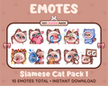 Siamese Cat Twitch emote pack featuring 10 emotes including GG, angry, cry, and hype.