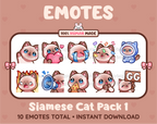 Siamese Cat Twitch emote pack featuring 10 emotes including GG, angry, cry, and hype.