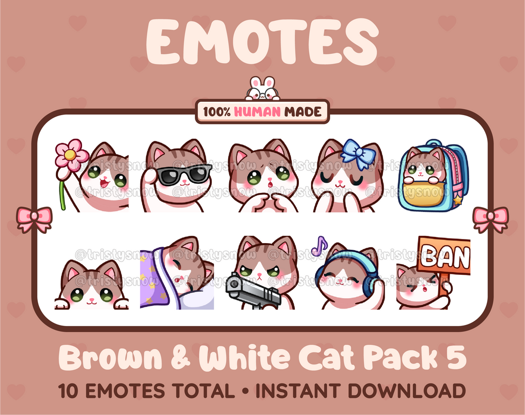 Brown and White Cat Twitch emote pack featuring 10 emotes including flower, cool, plead, and lurk.