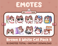 Brown and White Cat Twitch emote pack featuring 10 emotes including flower, cool, plead, and lurk.