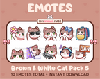 Brown and White Cat Twitch emote pack featuring 10 emotes including flower, cool, plead, and lurk.
