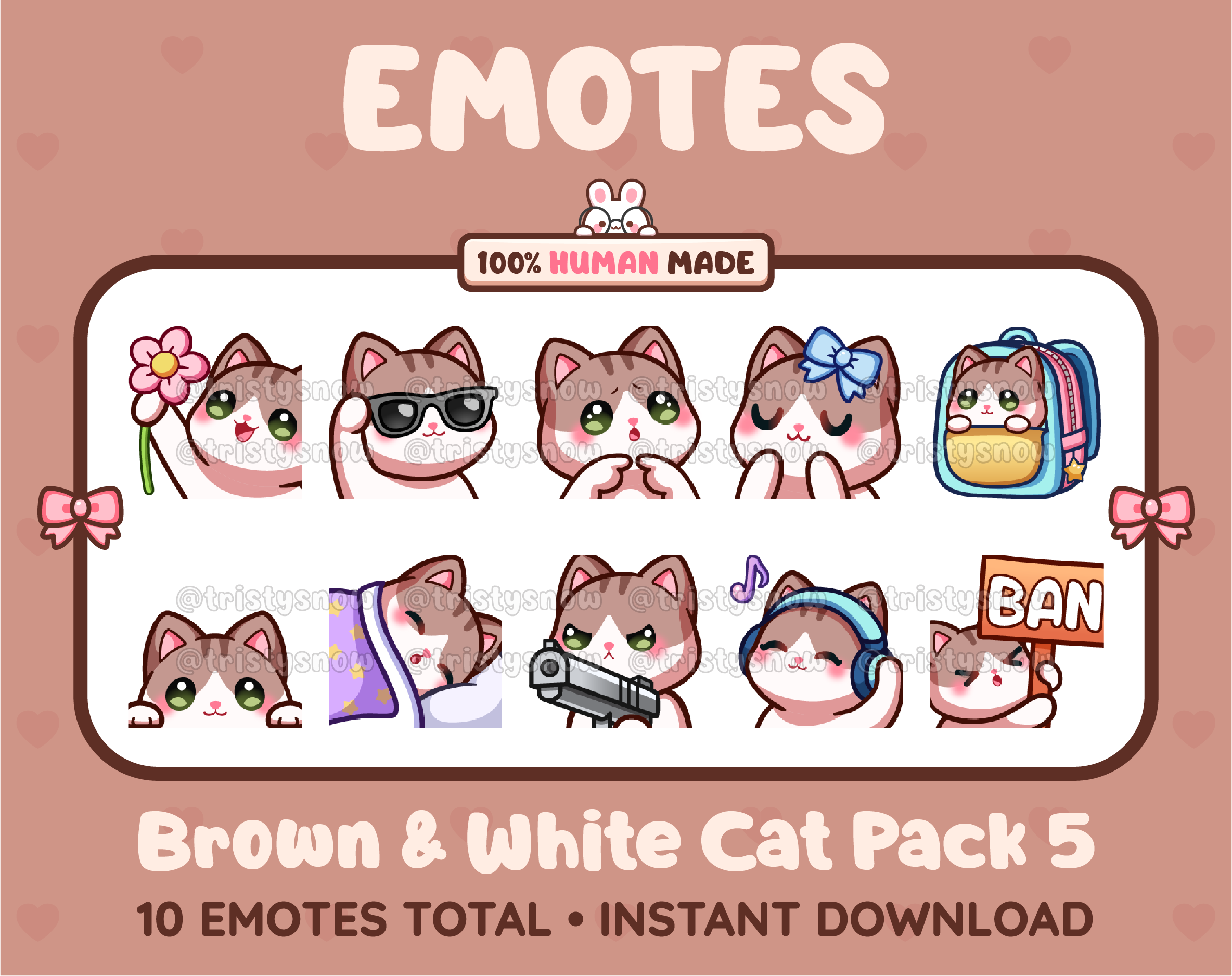 Brown and White Cat Twitch emote pack featuring 10 emotes including flower, cool, plead, and lurk.