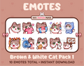 Brown & White Cat Twitch emote pack featuring 10 emotes including GG, angry, cry, and hype.