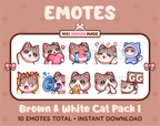 Brown & White Cat Twitch emote pack featuring 10 emotes including GG, angry, cry, and hype.