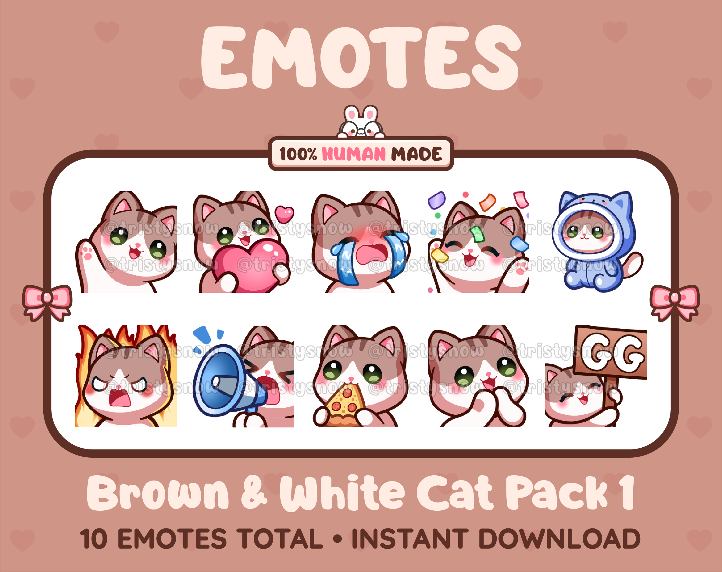 Brown & White Cat Twitch emote pack featuring 10 emotes including GG, angry, cry, and hype.