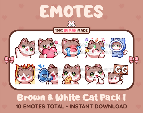 Brown & White Cat Twitch emote pack featuring 10 emotes including GG, angry, cry, and hype.