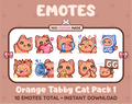 Orange Tabby Cat Twitch emote pack featuring 10 emotes including GG, angry, cry, and hype.