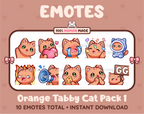 Orange Tabby Cat Twitch emote pack featuring 10 emotes including GG, angry, cry, and hype.