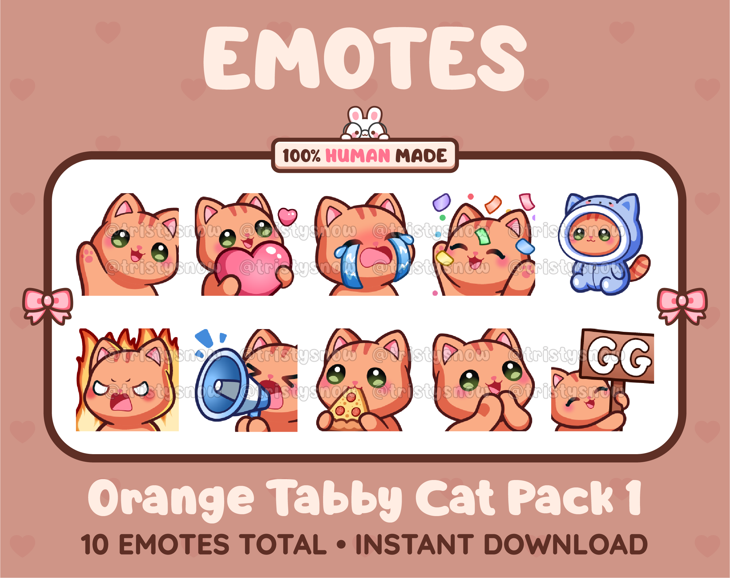 Orange Tabby Cat Twitch emote pack featuring 10 emotes including GG, angry, cry, and hype.