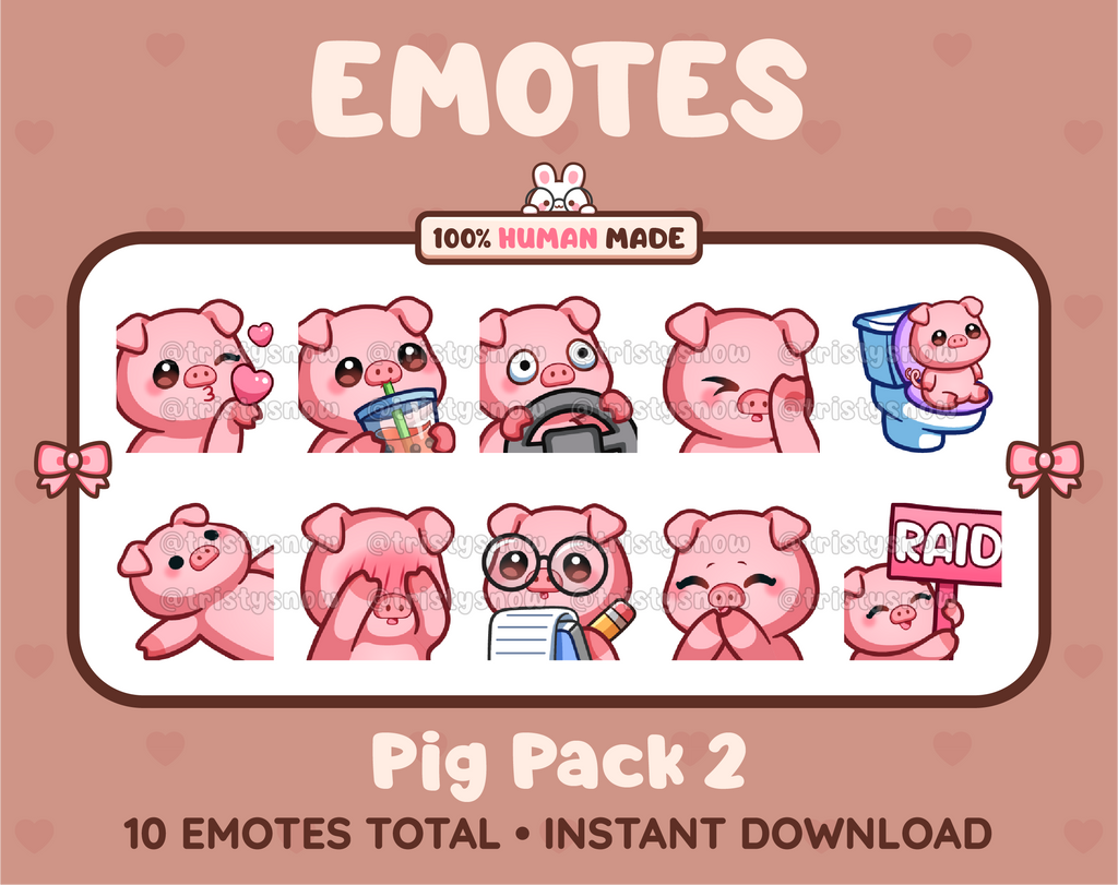 Pig Twitch emote pack featuring 10 emotes including kiss, facepalm, shy, and raid.