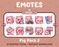 Pig Twitch emote pack featuring 10 emotes including kiss, facepalm, shy, and raid.