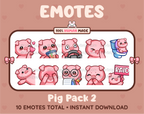 Pig Twitch emote pack featuring 10 emotes including kiss, facepalm, shy, and raid.