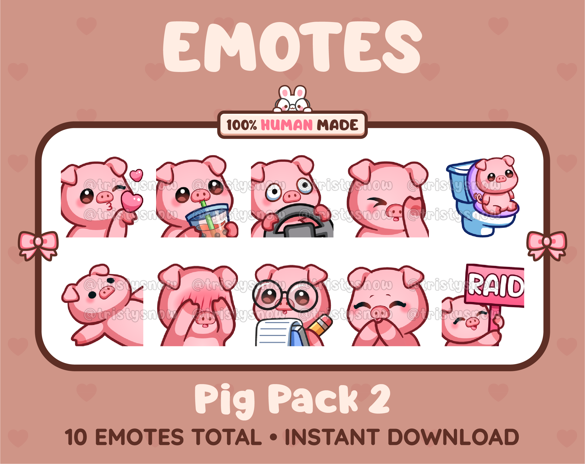 Pig Twitch emote pack featuring 10 emotes including kiss, facepalm, shy, and raid.
