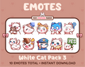 White Cat Twitch emote pack featuring 10 emotes including hug, scared, bonk, and popcorn.