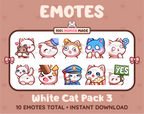 White Cat Twitch emote pack featuring 10 emotes including hug, scared, bonk, and popcorn.