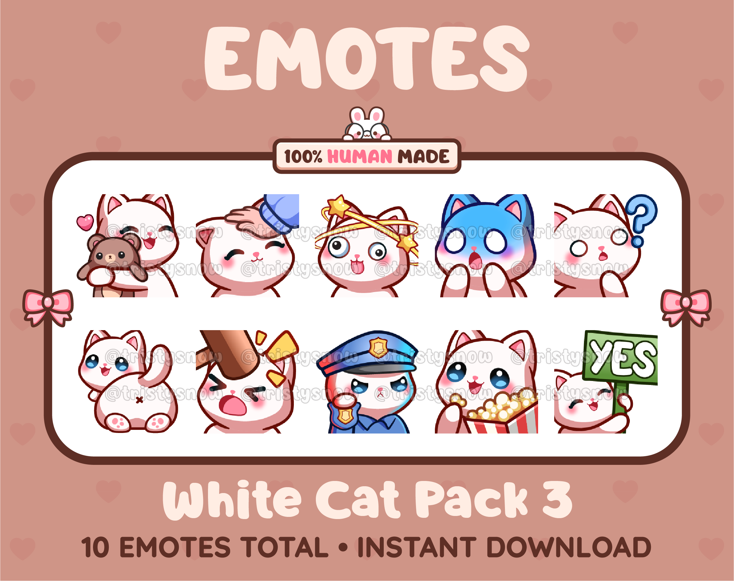 White Cat Twitch emote pack featuring 10 emotes including hug, scared, bonk, and popcorn.