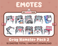 Gray Hamster Twitch emote pack featuring 10 emotes including kiss, facepalm, shy, and raid.
