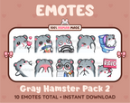 Gray Hamster Twitch emote pack featuring 10 emotes including kiss, facepalm, shy, and raid.
