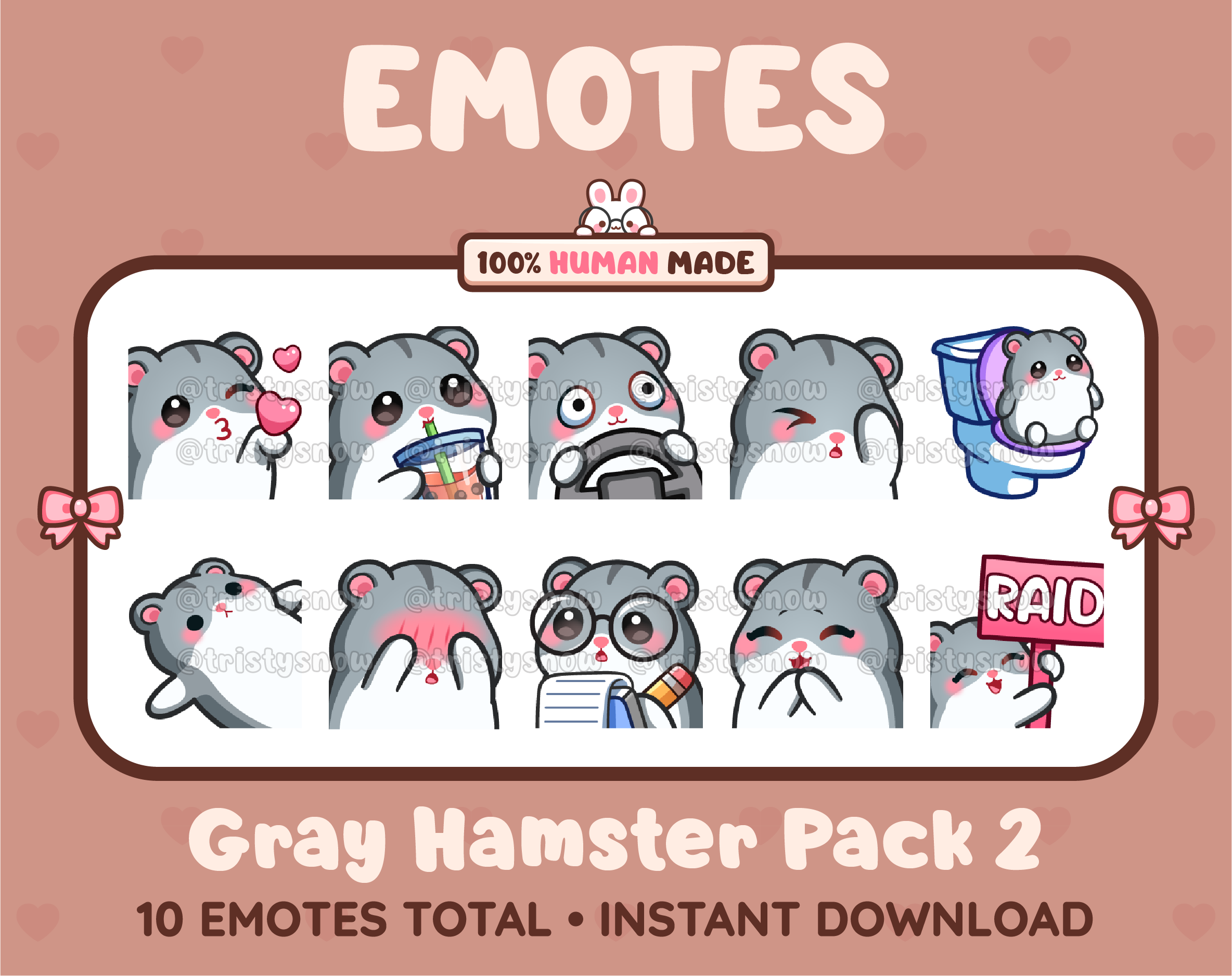 Gray Hamster Twitch emote pack featuring 10 emotes including kiss, facepalm, shy, and raid.