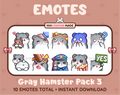 Gray Hamster Twitch emote pack featuring 10 emotes including hug, scared, bonk, and popcorn.
