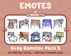 Gray Hamster Twitch emote pack featuring 10 emotes including hug, scared, bonk, and popcorn.
