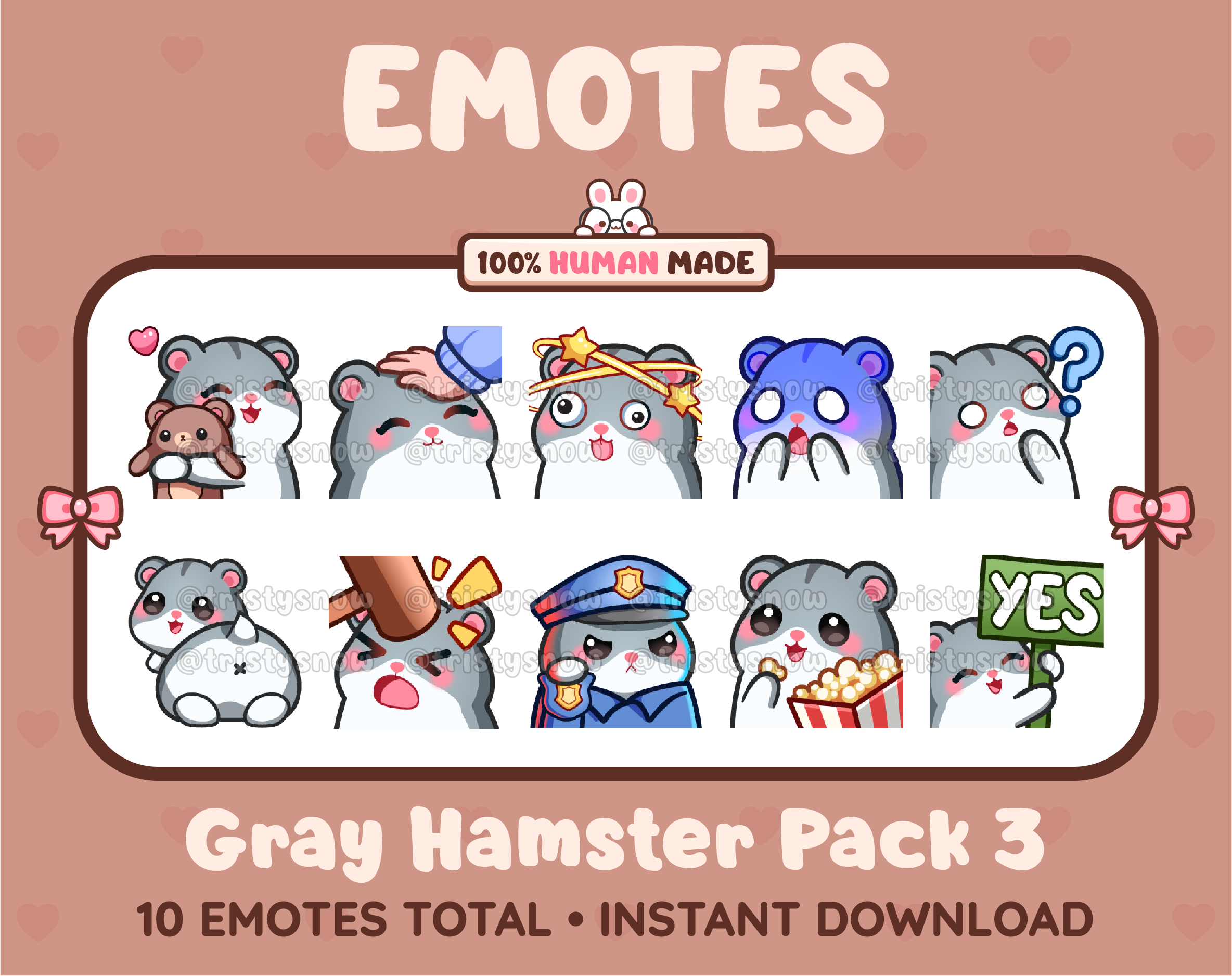 Gray Hamster Twitch emote pack featuring 10 emotes including hug, scared, bonk, and popcorn.