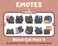 Black Cat Twitch emote pack featuring 10 emotes including flower, cool, plead, and lurk.