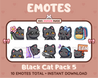 Black Cat Twitch emote pack featuring 10 emotes including flower, cool, plead, and lurk.