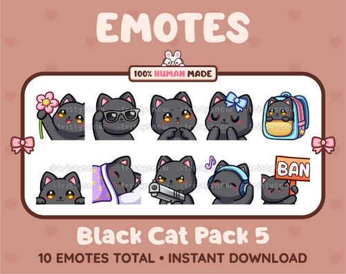 Black Cat Twitch emote pack featuring 10 emotes including flower, cool, plead, and lurk.